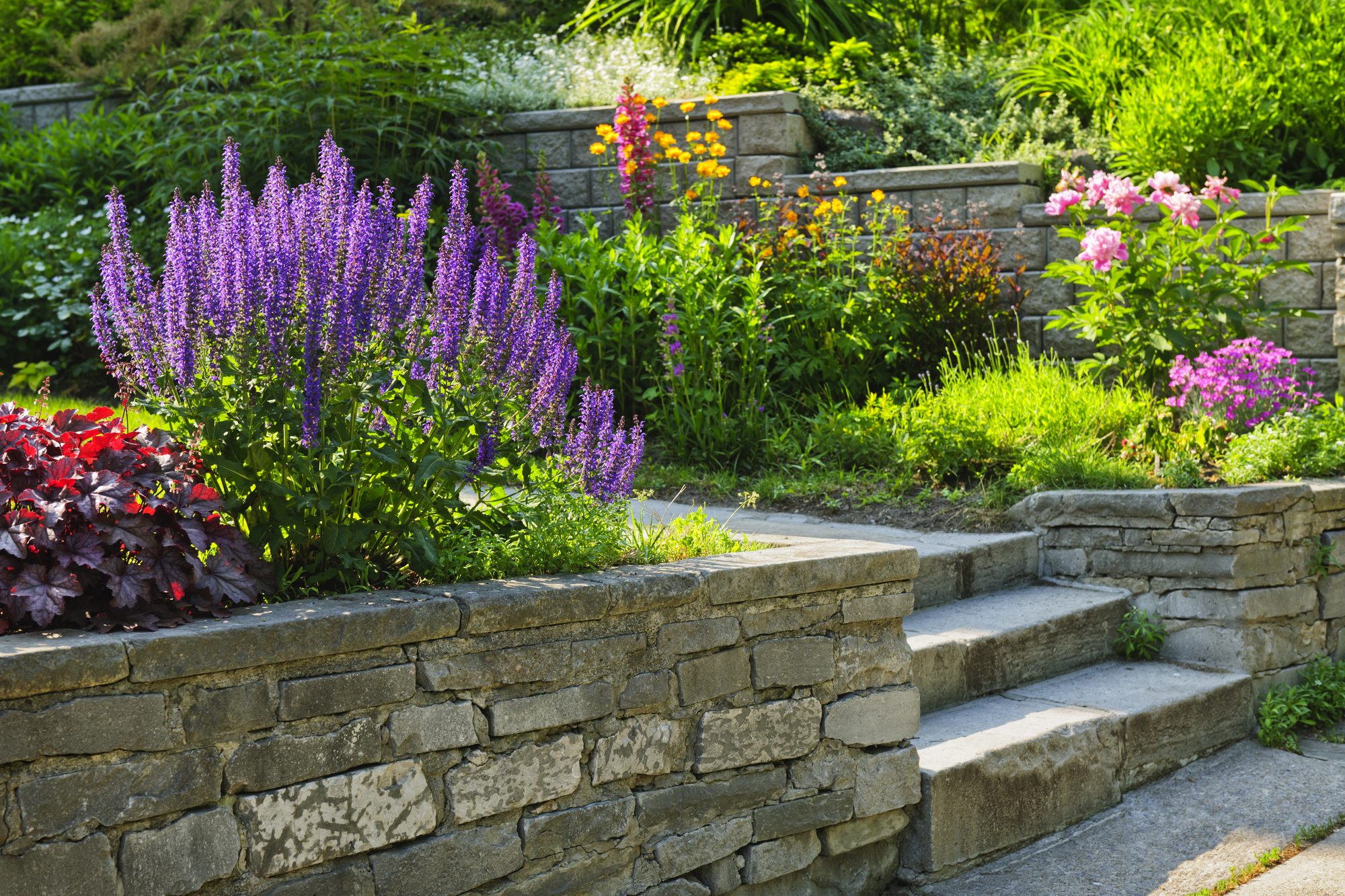 Natural stone landscaping in home garden with steps and flowerbeds